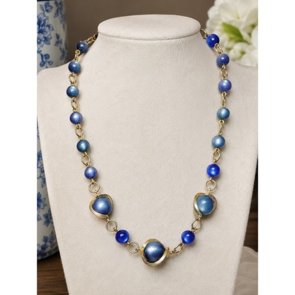 Vintage Blue Saturn Bead Necklace Mid Century Gold Tone Cat Eye Lucite Orb